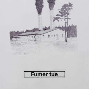 Nicolas Rubinstein - 2016, Fumer tue (Auschwitz Crematorium IV), stylo bille et collage sur papier, 65x50cm - Courtesy Dupré & Dupré Gallery